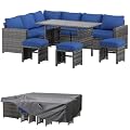 AECOJOY Outdoor Patio Furniture Set with Waterproof Cover, 7 Pieces Clearance Sectional Rattan Dining Table&Chairs, All Weather Wicker Conversation Sofa Couch, Dark Blue Cushions&Grey Rattan