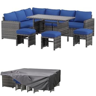 AECOJOY Outdoor Patio Furniture Set with Waterproof Cover, 7 Pieces Clearance Sectional Rattan Dining Table&Chairs, All Weather Wicker Conversation Sofa Couch, Dark Blue Cushions&Grey Rattan