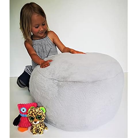 MiniOwls Plush Toy Storage Solution (Cover, Unfilled) - Gray Furry Bean Bag - Soft Teddy Faux Fur Organizer with a Zipper. Pouf 20x20x15 Contemporary Accent Ottoman (Light Grey, Medium) Cover