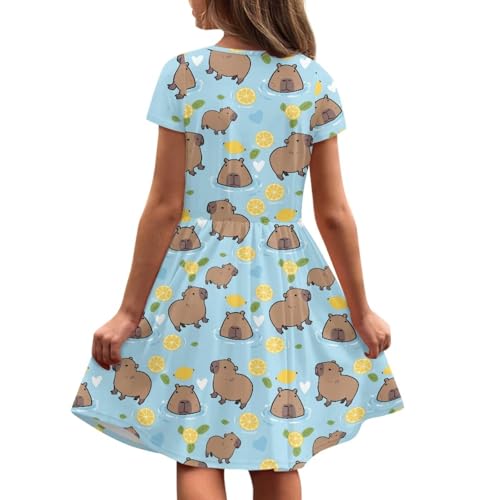 Image of Girls Dress with Pockets Basic Short Sleeve High Waist Swing Skater Dress School Party Dress for Kids