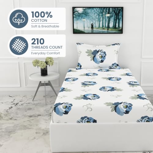 Image of LORETO - A QUALITY LINEN BRAND 210 TC 100% Pure Cotton Single Fitted Bedsheet with 1 Pillow Cover for 78 x 36 Inch Mattress, All-Around Elastic, 8 Inch Deep Pocket, Navy Floral