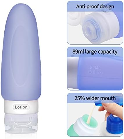 Opret Silicone Travel Bottle, 4 Pack 89ml Leak Proof Refillable Squeezable 3oz Containers Set with Label and Transparent Carry Bag for Liquid Shampoos, Soap and Toiletries