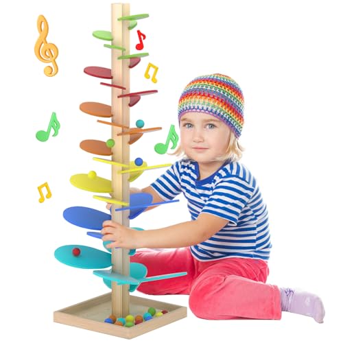 Montessori Toy Building Blocks Wooden Musical Tree, Christmas Tree Ball Drop Ramp, 3D Rainbow Musical Tree, Marble Ball Run Track Game with 18 Colorful Balls, Wooden Rolling Balls Toy for Toddlers
