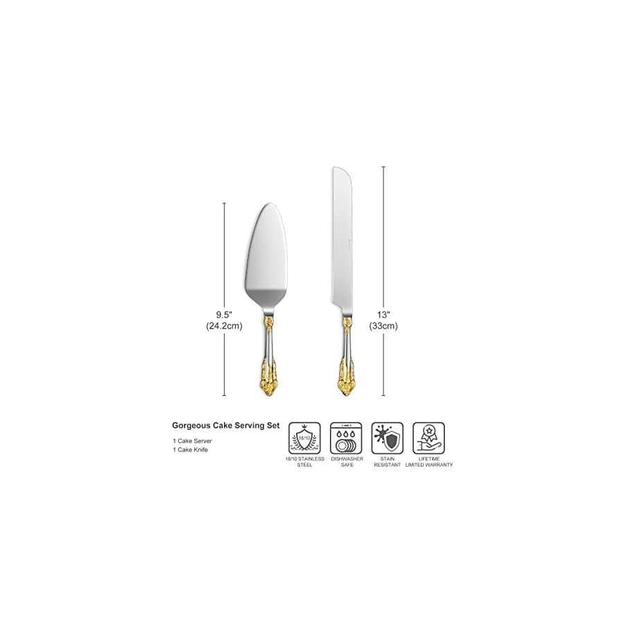 KEAWELL Gorgeous Wedding Cake Knife and Server Set, 18/10 Stainless Steel, Fine Luxury Cake Cutting Set (Gold Accent)