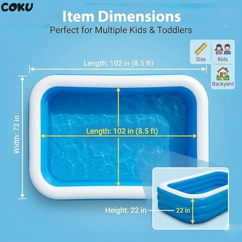 Image of Coku 8.5 Feet Rectangular Inflatable Swimming Pool for Kids & Adults | 3-Ring Extra Large Family Pool, Thick PVC Foldable Bathtub for Backyard, Garden, Indoor Outdoor Summer Use