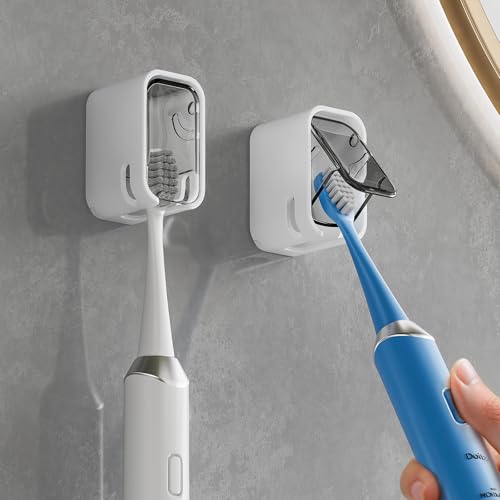 2PCS Wall Mounted Toothbrush Holders with Cover Innovative Single Slot Toothbrush Storage Organizer for Bathroom Shower Family Use & Travel Durable Dustproof & Space Saving