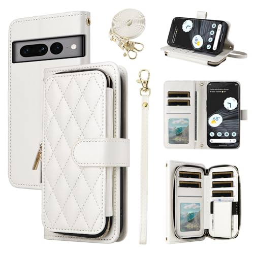 Furiet Wallet Case for Google Pixel 7 Pro 5G with Wrist Strap Crossbody Shoulder Strap Luxury PU Leather Stand Cell Phone Cover with 9+ Card Slots for Pixel7Pro Pixel7 XL Seven 7Pro 6.7 Women White