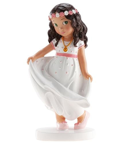 dekora - Figura Decorativa para Primera Comunión - Niña Cinturón Rosa - Elaborada en Resina - Adorno para Tartas - 16 Centímetros de Alto - Diseño Original y Detallado - Apto para Contacto Alimentario