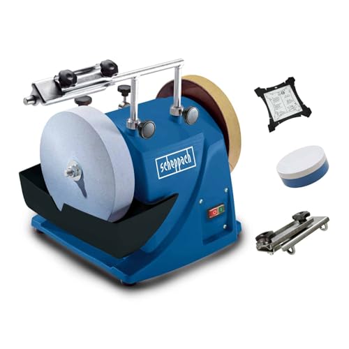 Scheppach Affûteuse à eau TIGER2000S y compris dispositifs 40/60/70 pour haches, couteaux, outils droits & accessoires 120W | 230V | Pierre Ø 200mm |...
