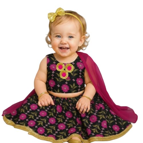 Image of A.T.U.N. (ALL THINGS UBER NICE) Baby Girls Cotton Ethnic Floral Lehenga Choli Set with Lace & Dupatta | Traditional 3-Piece Festive Outfit for Kids