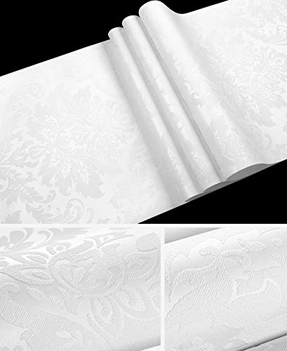 9.5X0.53M Luxury Damask 6 Colors Luxury Embossed Flock Textured Non-Woven Wallpaper Roll for Bedroom Livingroom 1.73' W x 31.2' L=5.035㎡ (54sq.ft) (White)