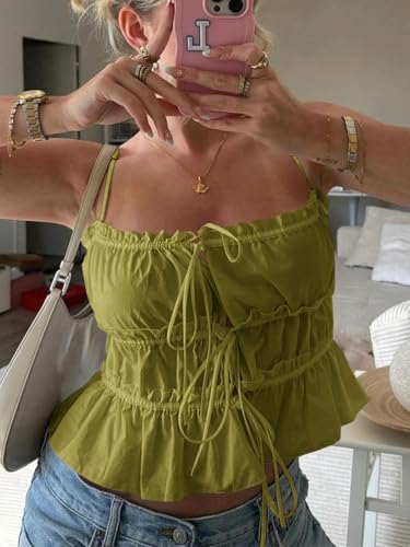 Image of Tankaneo Womens Summer Tie Front Crop Tops Cute Ruffle Ruched Spaghetti Strap Tank Tops Y2K Going Out Shirts