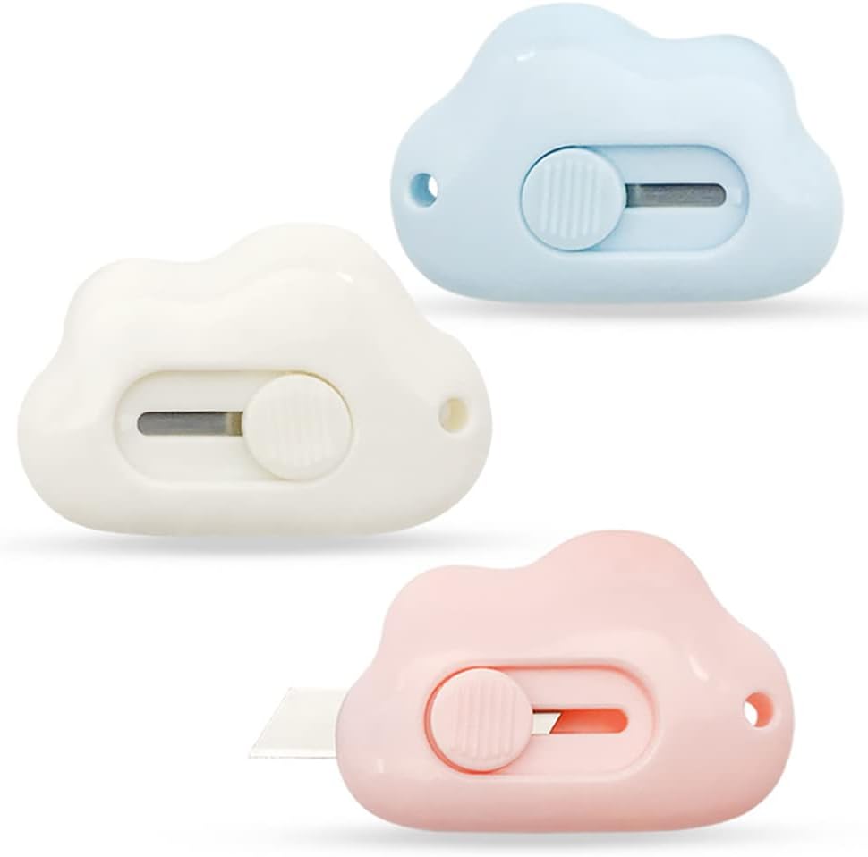 3pcs Mini Knife Cute Retractable Box Cutter Cloud Shape Utility Knife Multi-purpose Portable Convenient Cute Sharp Carton Cardboard Cutter Razor Knife Home Cutting Paper Open Envelope Smooth Mechanism