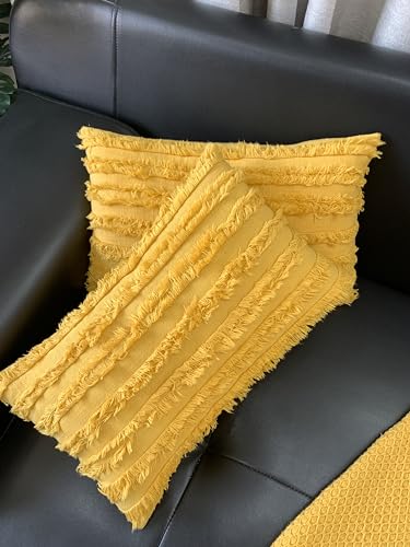 Image of mosey Square Pillow Cover Set of 2 | 16x16 | Soft Boho Cushion Cover 16 inch x 16 inch | 100% Cotton Cushion Covers 40cm x 40cm for Sofa, Yellow