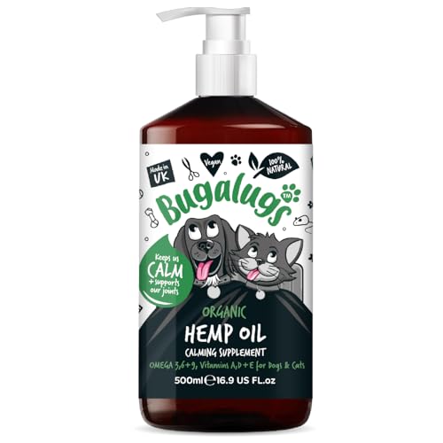 BUGALUGS Dog Calming Hemp Oil Supplement for Dogs & Cats | For Dog Emotions Dog Barking | Omega 3 6 9 | High Strength 500 000mg | Supports & Maintains Healthy Joints | Add To Food Or Chews | 500ml