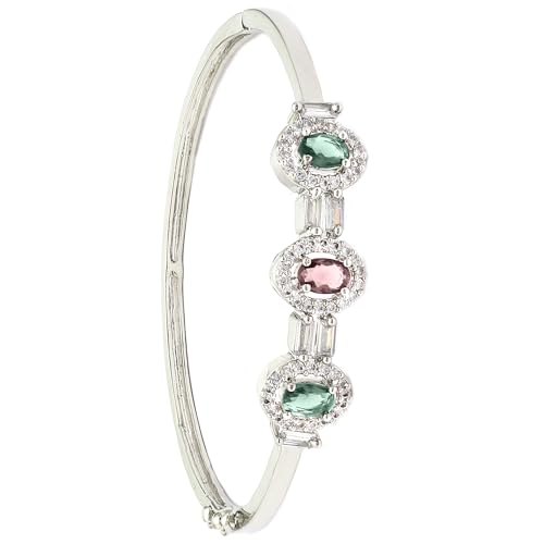 Image of ZENEME Rhodium-Plated Oval Shape American Diamond Studded Handmade Kada Bracelet For Girls and Women