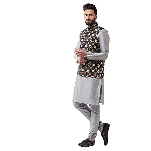 Image of SOJANYA (Since 1958 Men's Silk Blend Grey Kurta Pyjama & Printed Nehrujacket Combo
