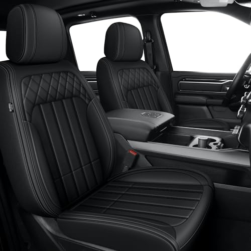 Image of AOMSAZTO for 2026 Dodge Ram 1500 Seat Covers 2500 3500 2002-2026 Full Set | Truck Seat Covers Waterproof Leather Quad Crew Cab Big Horn Laramie Tradesman Limited Curved Bench(5 Seat,Black)