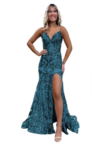 Image of RSOETOO Sparkly Sequin Prom Dresses 2026 with Slit Lace Mermaid Formal Evening Gowns for Women RON058