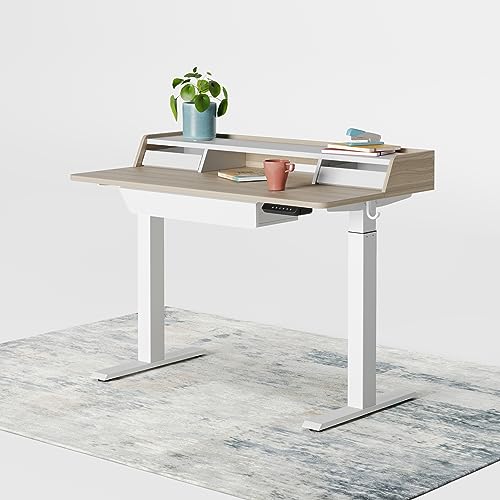 Image of FEZIBO Standing Desk with Drawers, 48 x 25 Inch Adjustable Height Stand Up Desk with Storage Shelf, Home Office Desk with Monitor Stand, Light Walnut