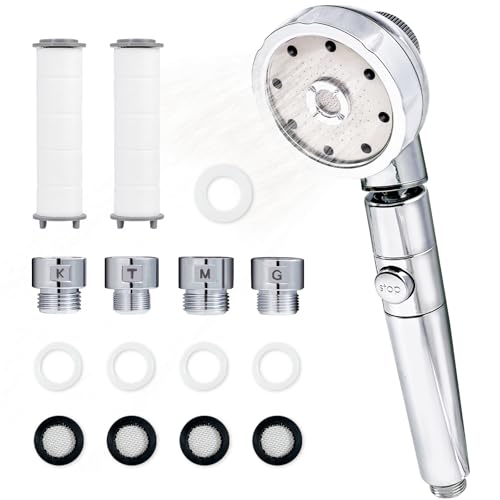 shiraya シャワーヘッド マイクロナノバブル 【節水90%・99.9%塩素除去】 超微細泡シャワーヘッド 高水圧 5段階モード 毛穴汚れ除去 ミストシャワー ヘッド 手元止水 極細水流 洗浄力 保温 肌ケア 軽量 4種類アダプター付き (シルバー)