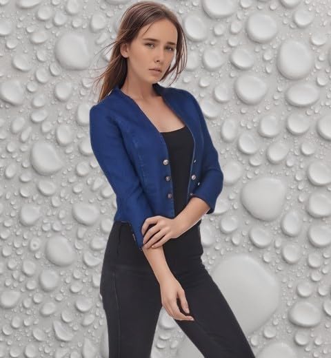 Image of Women's Blue Cropped Blazer, 3 /4 Sleeve, Button Front, Formal Jacket