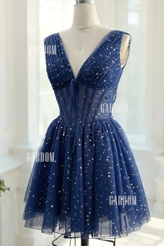 GARDOM Sparkly Starry Tulle Homecoming Dresses Short for Teens V Neck Prom Dresses Star Moon Cocktail Dress Mini Gowns2