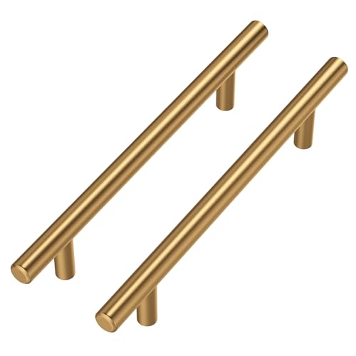 goldenwarm 5x T Stangengriff Möbelgriffe Messing goldfarben Hohle Edelstahl Küchenschrank Türgriffe Bohrlochabstand 128mm Gesamtlänge 192mm