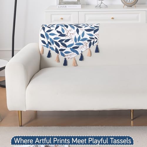 Image of HOKIPO Premium Sofa Backrest Cover Mat | Printed Holland Velvet with Tassels | 'Whispers of Nature' Indigo Foliage (IN-1116-D10)