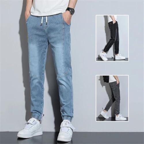 Men Street Jeans Elastic High Waisted Lace Up Denim Pants Bound Trousers2