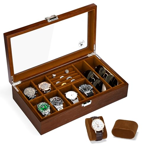 Slege Caja Relojes de Madera,6 Compartimentos,Joyero Organizador de Relojes,Caja de Reloj y Gafas de Sol,Expositor Gafas,Cubierta de Vidrio,para Anillo,Pendientes,Gemelos,Regalos Hombre y Mujer
