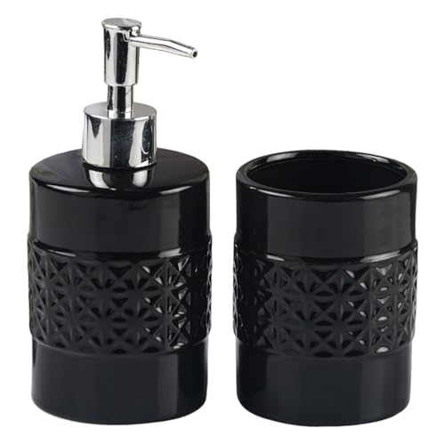 Image of Kookee Ceramic Bathroom Set - Stylish 2 Piece Bath Accessories Kit with Soap Dispenser, Toothbrush Holder - Modern & Designer Decor for Home & Guest Bathrooms, Black (11109)