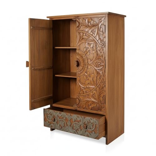 Image of APRODZ Wooden Wardrobe for Bedroom | Scolpito 2 Door Mango Wood Wardrobe with 1 Drawer | Space Saving Wardrobe for Storage, Clothes Cupboard & Wooden Almirah for Bedroom, Light Italian Walnut + Grey