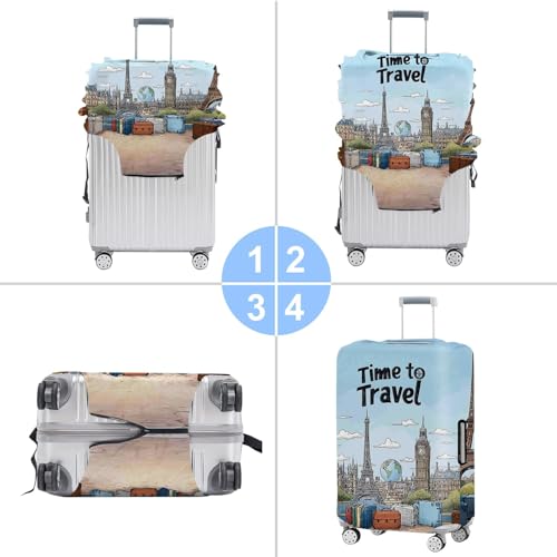 Image of Travel-Themed Luggage Cover with Paris and London Landmarks - Eiffel Tower Big Ben Design with inchTime to Travel inch Quote - Fits 32 inch to 34 inch Suitcase,XL
