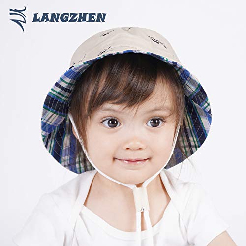 Image of LANGZHEN Sun Protection Hat for Kids Toddler Boys Girls Wide Brim Summer Play Hat Cotton Baby Bucket Hat with Chin Strap