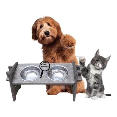 Personalisierte Futterstation in Grau | Erhöhter Futternapf für Hund und Katze | Fressnapf höhenverstellbar | Hundenapf erhöht | Katzennapf | Futterbar aus Holz