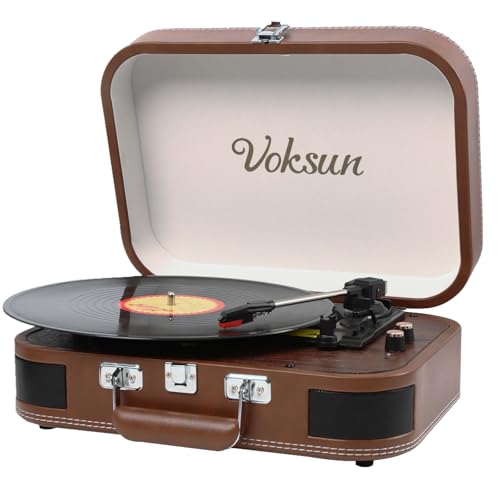VOKSUN Platine Vinyle Bluetooth Vintage, 3 vitesses, haut-parleurs intégrés, marron
