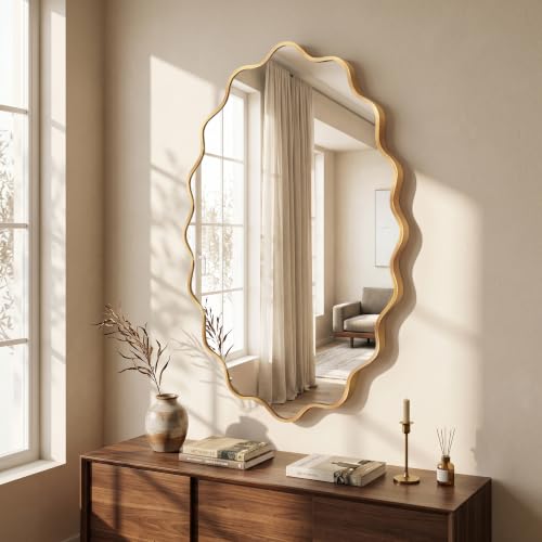 Image of Oval Wall Mirror, 22 inch x 30 inch Gold Wavy Bathroom Mirror for Wall with Brushed Alloy Steel Frame&Shatter-Proof Glass, Decorative Wall Mirrors for Bathroom Sink, Bedroom, Living Room, Entryway