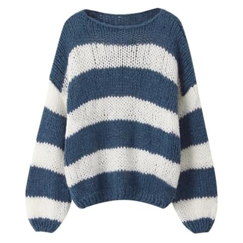 FOMOYUU Women Oversized Striped Sweater Color Block Knit Long Sleeve Sweatshirt Loose Pullover Y2K Preppy Jumper (Blue b, S) Cover