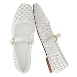CUSHIONAIRE Weston Women’s Hand Woven Dressy Ballet Flats – Faux Leather Mary Jane with Adjustable Strap & Memory Foam, WHITE 8W
