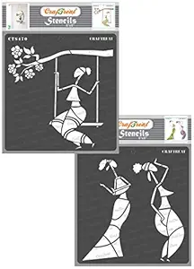 Tribal Art Stencils for Craft - Sitting on a Swing and Dancing - 6X6 Inches - 2 Pcs - Reusable DIY Stencils for Painting - Home Decor Tribal Stencils for Fabric Painting
