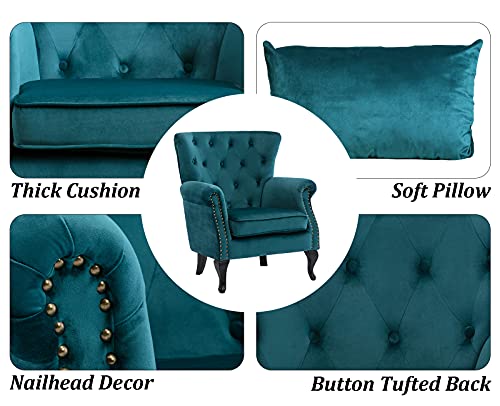 Dm Furniture Mid Century Accent Chair Modern Button Tufted Armchair Wingback Club Chair Velvet Single Sofa Lounge Chair With Pillow For Living Room Bedroom, Teal Blue #TOP3