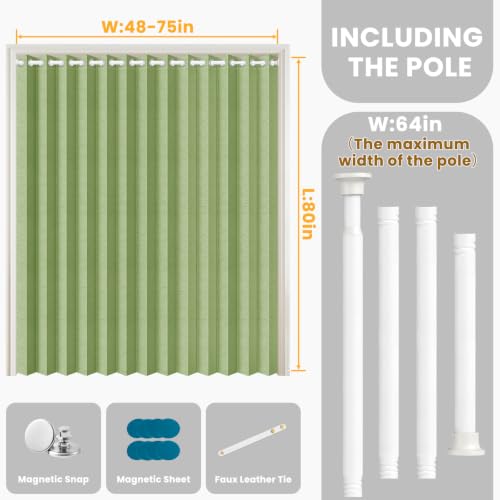 Image of AJAZZ Blackout Accordion Door with Curtain Rods Adjustable 28-63 inch Long, Invisible Sliding Glass Door Curtain for Bedroom Living Room Doorway Curtain Set, 1 Pack, W72 x L80 in, Green