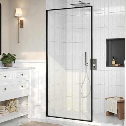 DeerValley 34'×74' Fixed Glass Shower Panel, Framed Shower Glass Panel, 5/16‘’ (8mm) Tempered Shower Screen, Shower Half Door with Hardware (Black)
