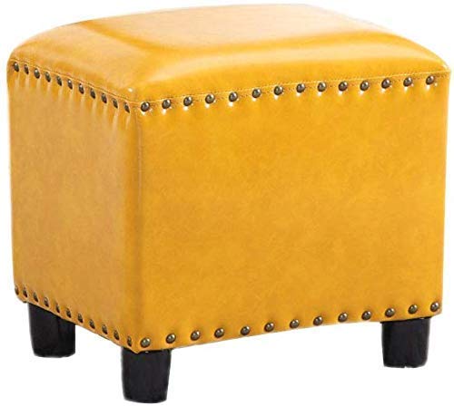 Repose-Pieds Vintage rembourré à Rivets et Cuir Jaune, Tabouret en Bois Massif Haut de Gamme