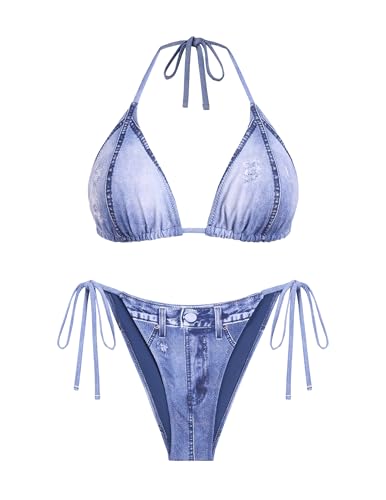 ZAFUL Bikini Sets for Women Denim Print Halter Neck Two Piece Swimsuits Sexy Open Back Triangle High Cut Thong Bathing Suit2