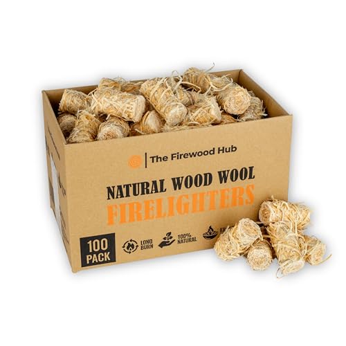 100 - XL Natural Eco Wax-Coated Wood Wool Firelighters for Safe, Clean, and Odorless Ignition of Wood and Log Burners, BBQs, Pizza Ovens, and More - The Perfect Fire Starter For Any Occasion (100)