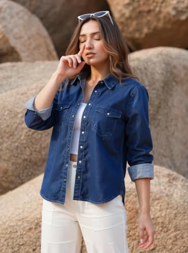 Image of Blue Denim Shirt for Women and Girls Regular Fit LoSF Sleeve Collared Neck Button Down Stylish Casual Wear Ladies Shirt 29