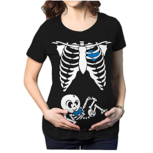 NIDONE Maternidad Cuello Redondo Manga Corta Halloween Embarazo T Shirts Lindo Esqueleto Impresión Top de Manga Corta para Maternidad Azul M