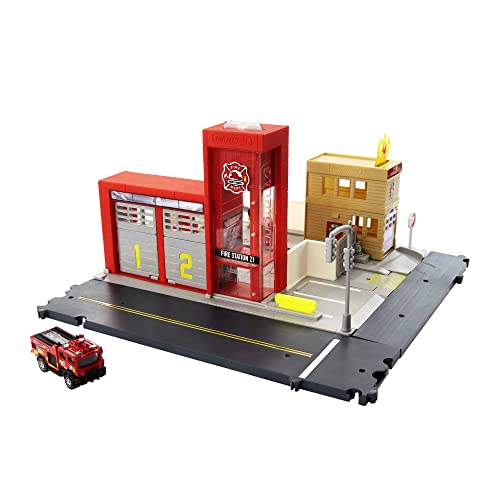 Matchbox Estación de Bomberos Set de Juego con Sonidos para Coches de Juguete, Modelos Surtidos (Mattel HBD76)